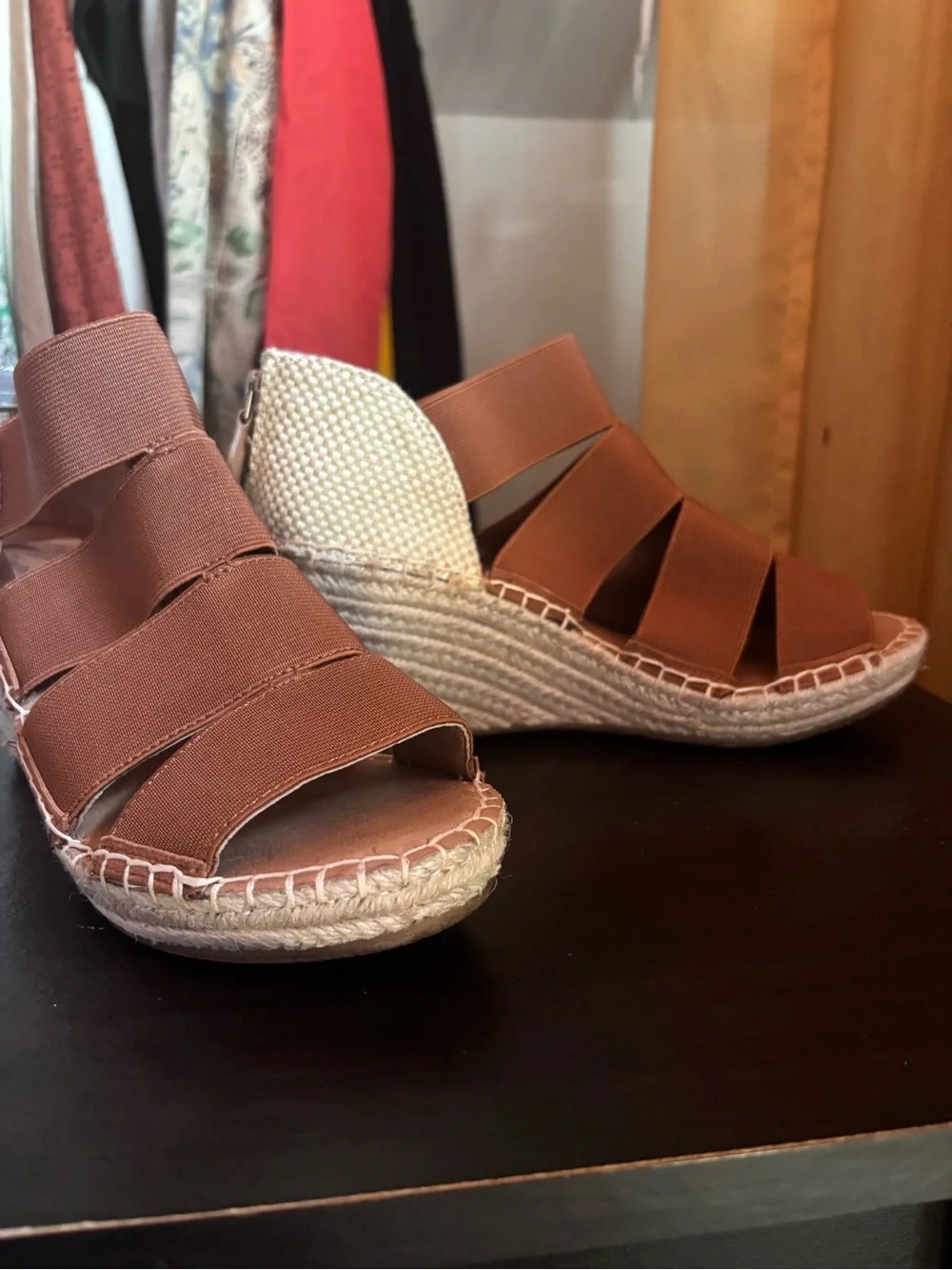 Kenneth Cole Cream Espadrille Wedge Sandals with Tan Accents